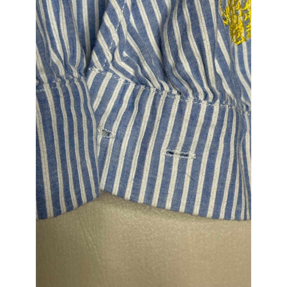 J.Crew Blue White Striped Pineapple Embroidered Wrap Tie Blouse Top Mens Medium - Picture 9 of 10